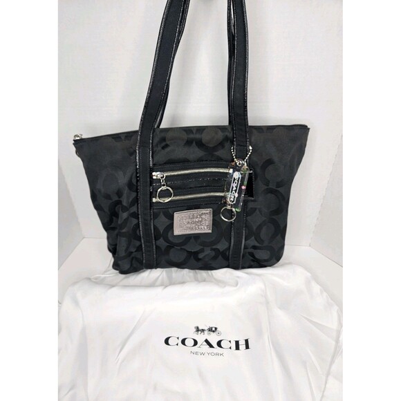 Coach Poppy Op Art Glam Jacquard Shoulder Bag Tote Zip 13826 Black With Dust Bag - Picture 1 of 11